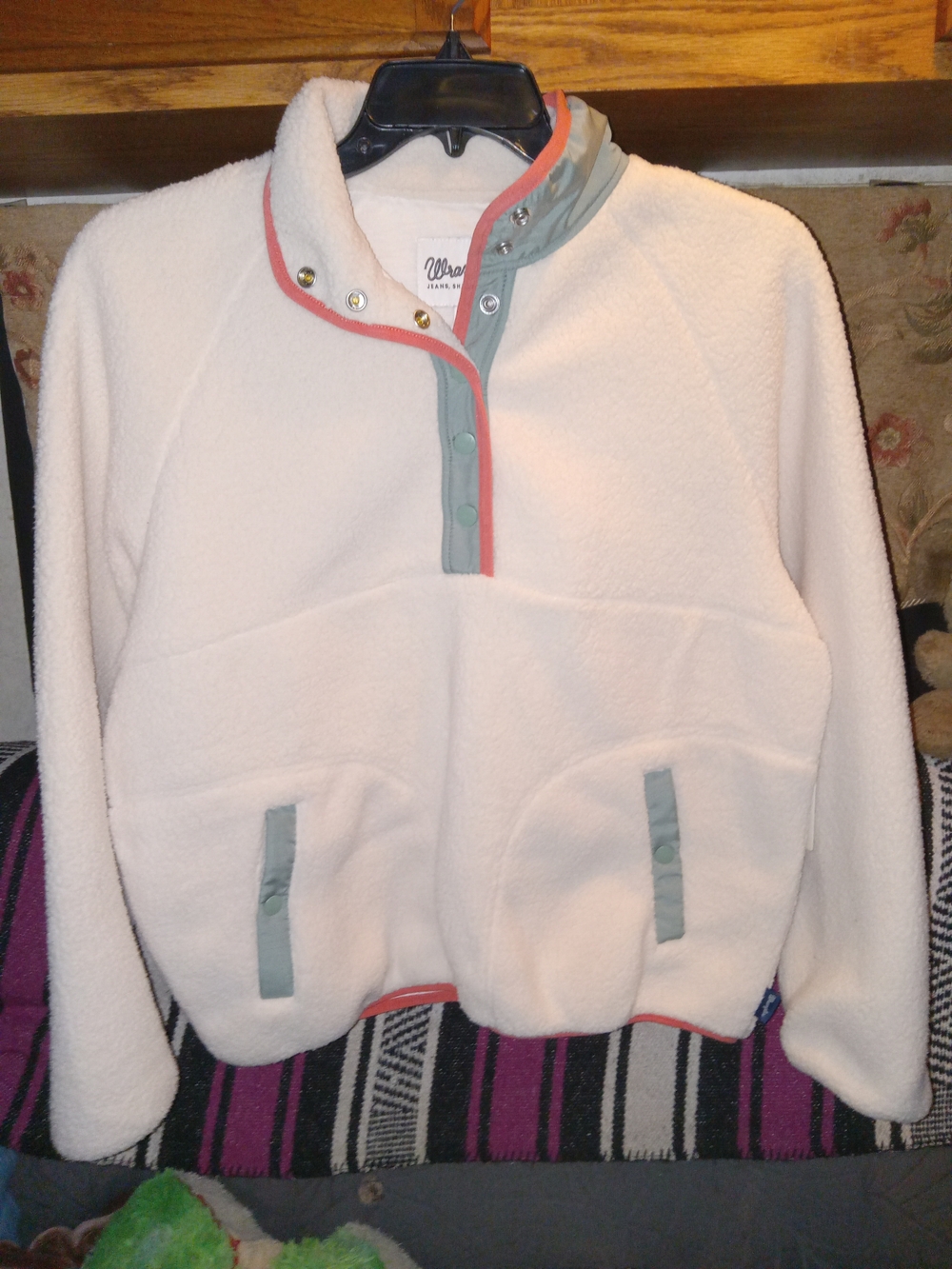 Wrangler White Fleece Pullover Hoodie with Pink Trim and Green Accents